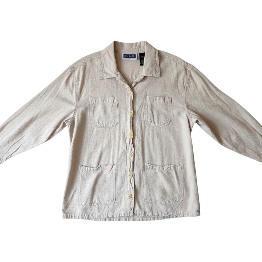 Vintage 90s Canvas Cotton Chore Jacket Neutral Utility Shacket Overshirt Large